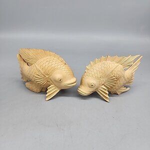 Vintage Pair Set Koi Japanese  Fish Wooden 4" Carved